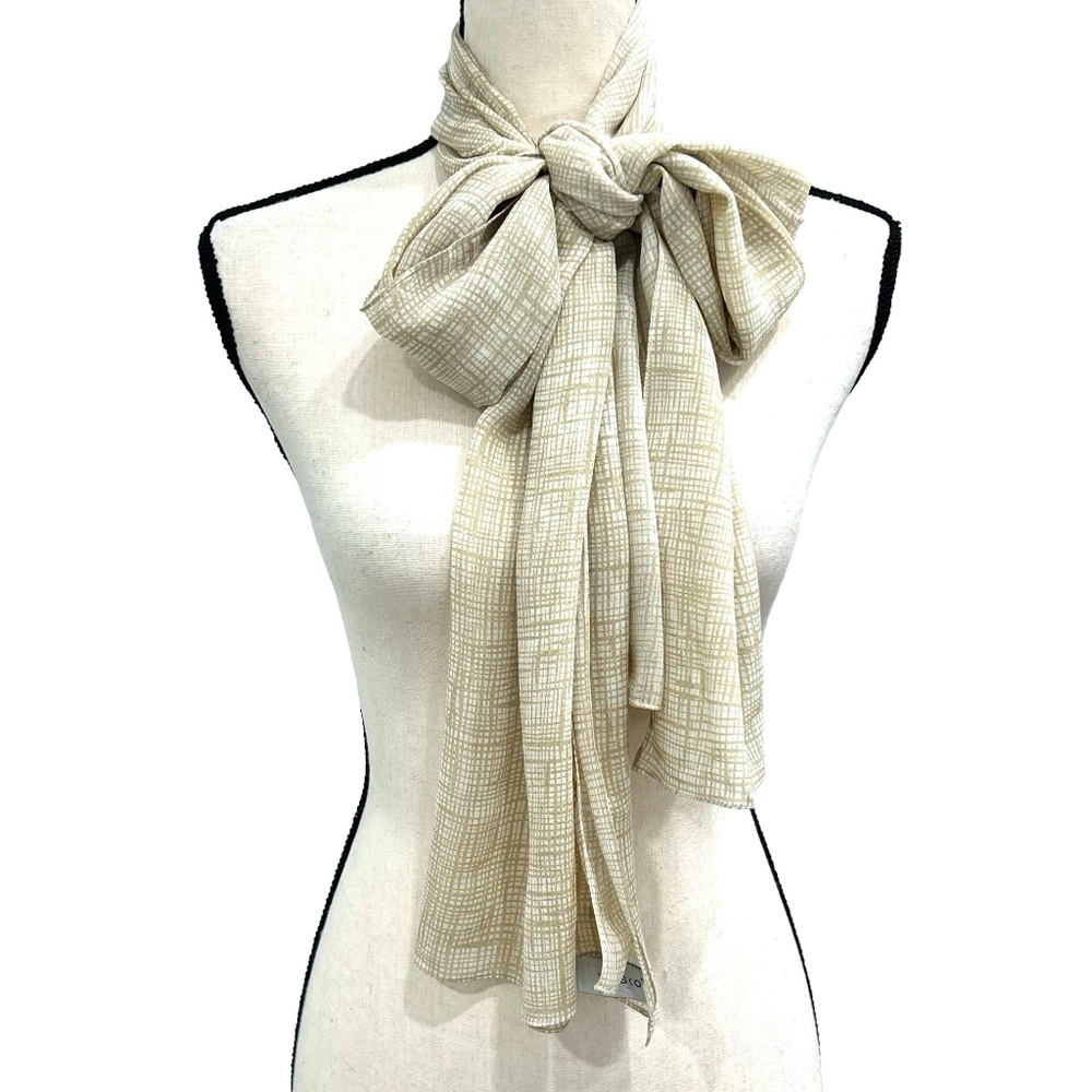 VINTAGE GO SILK 100% SILK RECTANGLE SCARF ABSTRACT CHECK PRINT IN IVORY & BEIGE